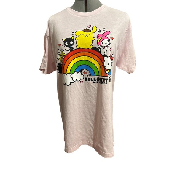 Hello Kitty & Friends Pink T-Shirt Large Rainbow Graphic 100% Cotton By Sanrio - Picture 1 of 5